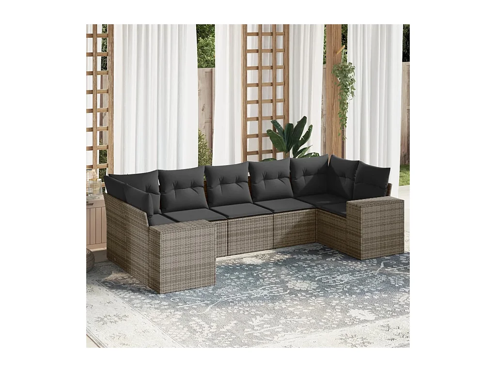 7-tlg. Garten-Sofagarnitur mit Kissen Grau Poly Rattan