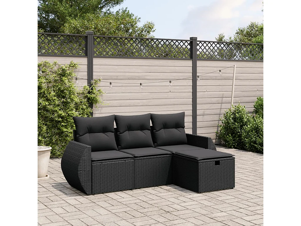 Salon de jardin 4 pcs avec coussins noir résine tressée