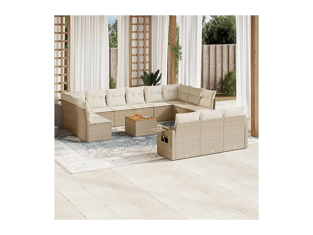 Salon de jardin avec coussins 14 pcs beige résine tressée