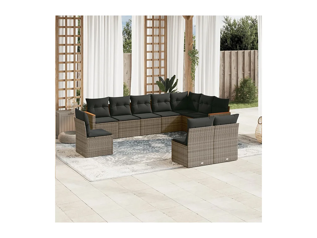 10-tlg. Garten-Sofagarnitur mit Kissen Grau Poly Rattan