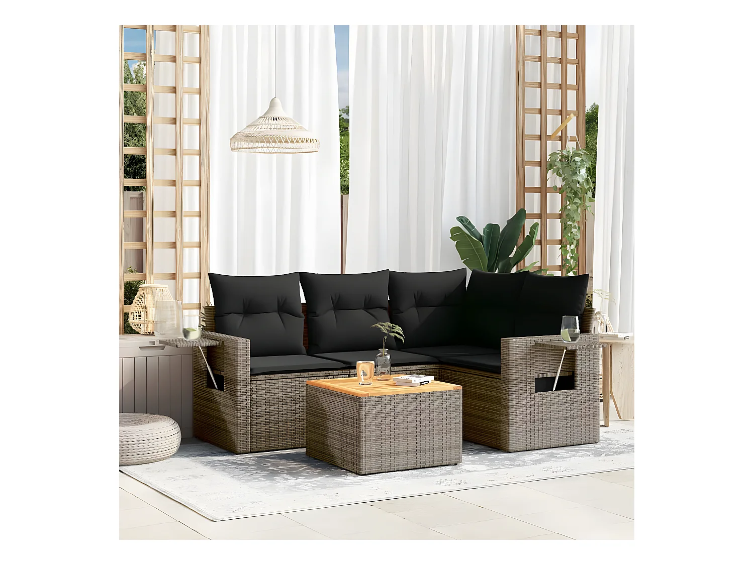 5-delige Loungeset met kussens poly rattan grijs