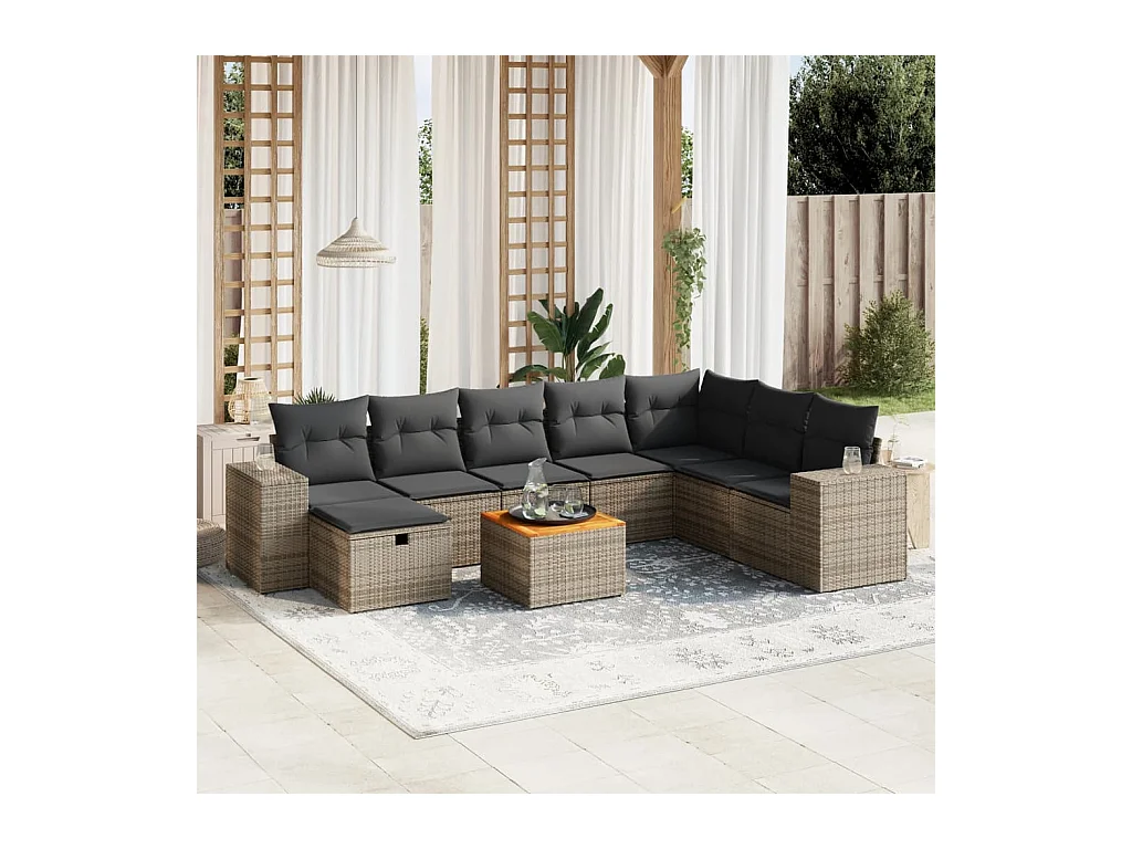 9-delige Loungeset met kussens poly rattan grijs