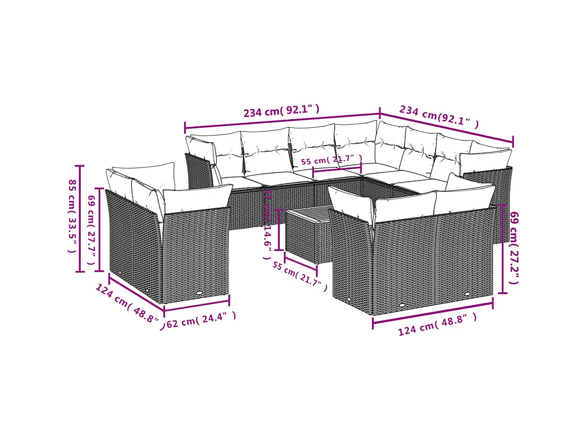 Salon de jardin avec coussins 12 pcs gris résine tressée