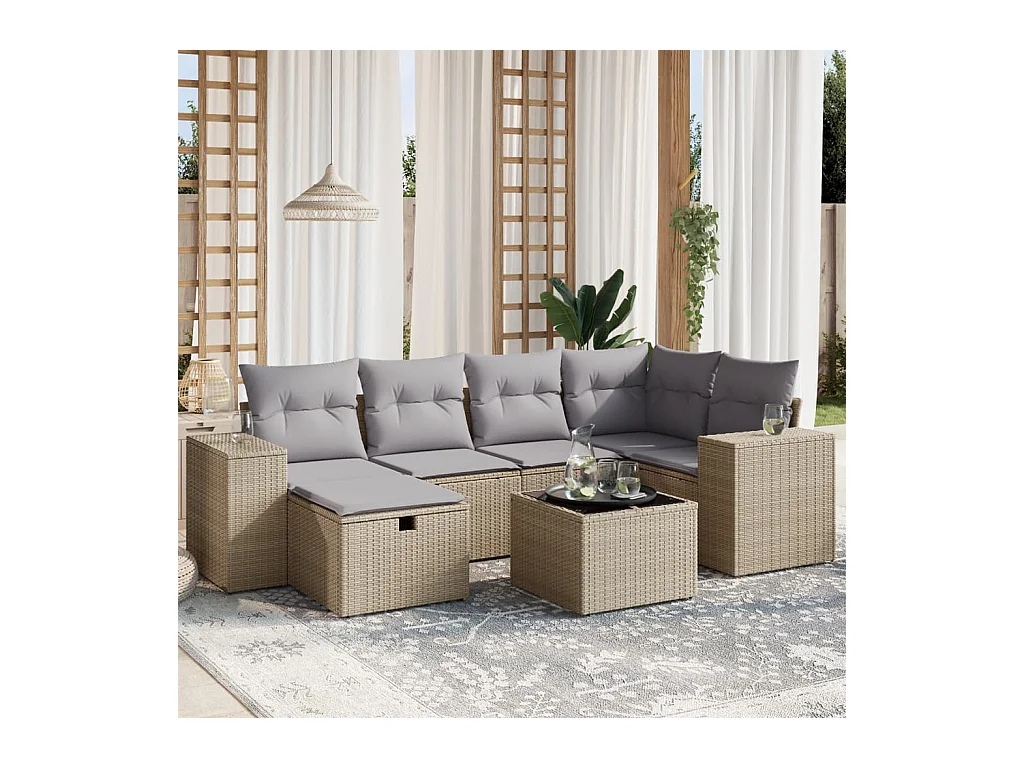 Salon de jardin avec coussins 7pcs mélange beige résine tressée