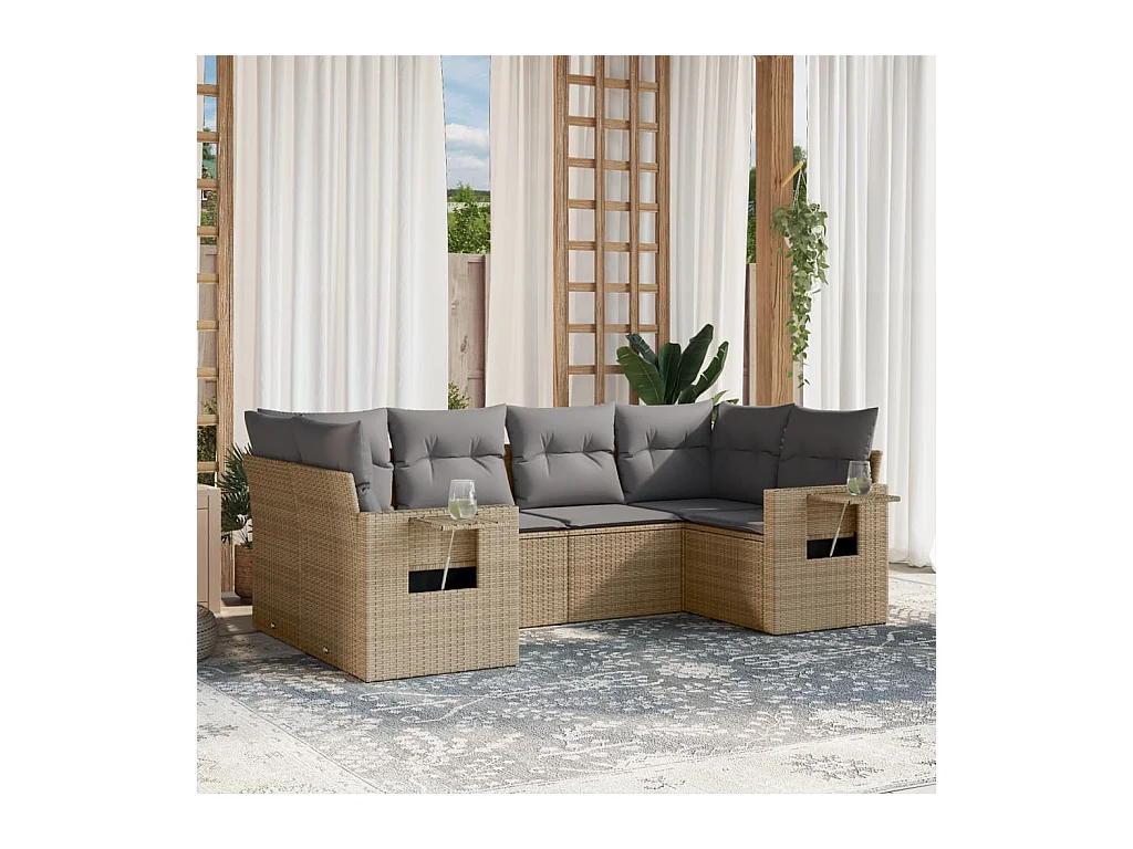 6-delige Loungeset met kussens poly rattan beige