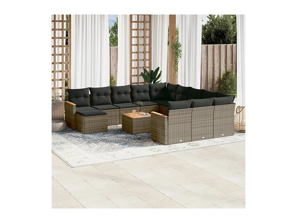 Salon de jardin avec coussins 13 pcs gris résine tressée