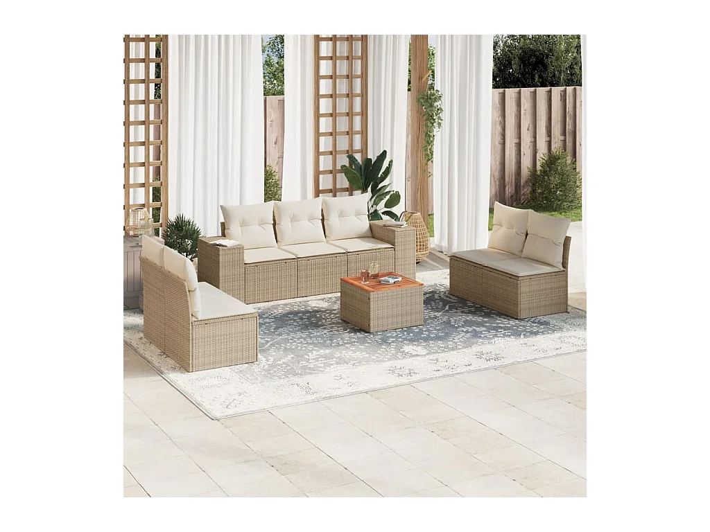 Salon de jardin avec coussins 8 pcs beige résine tressée