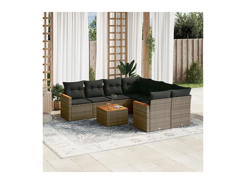9-tlg. Garten-Sofagarnitur mit Kissen Grau Poly Rattan