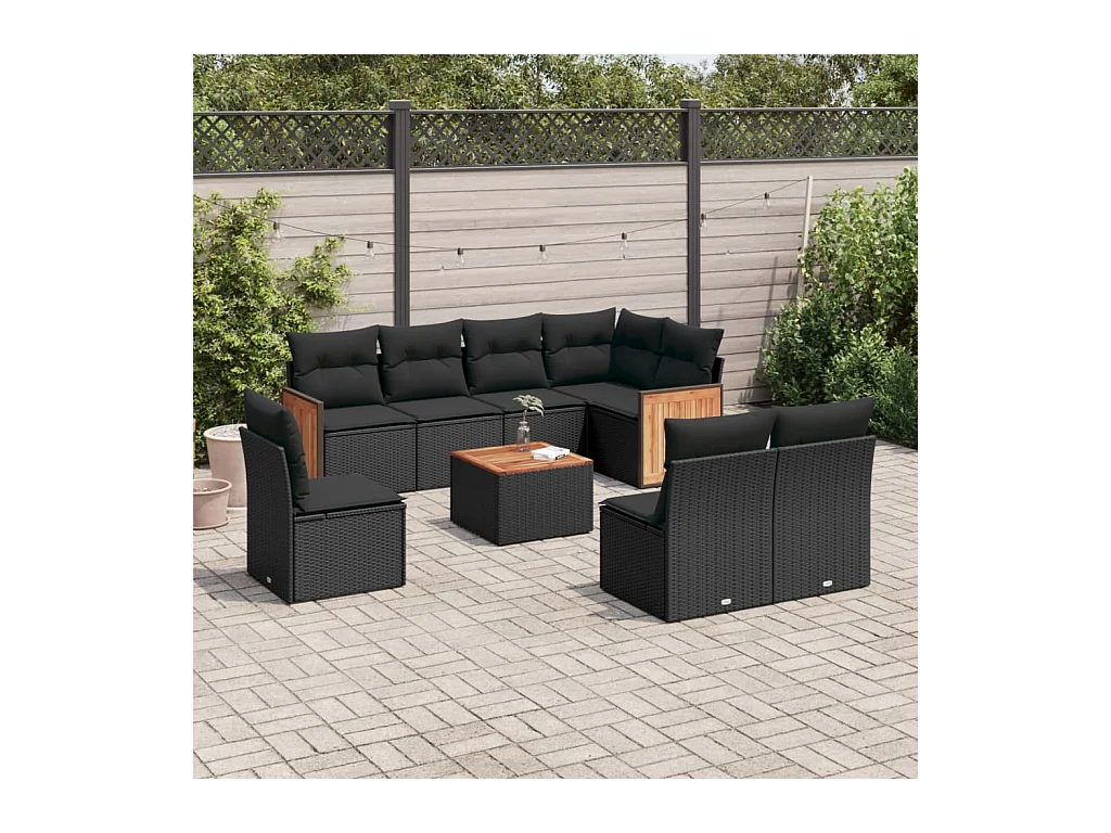 Salon de jardin 9 pcs avec coussins noir résine tressée