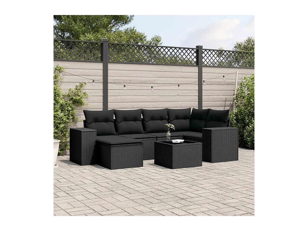 Set de comedor de jardín 7 pzas y cojines ratán sintético negro