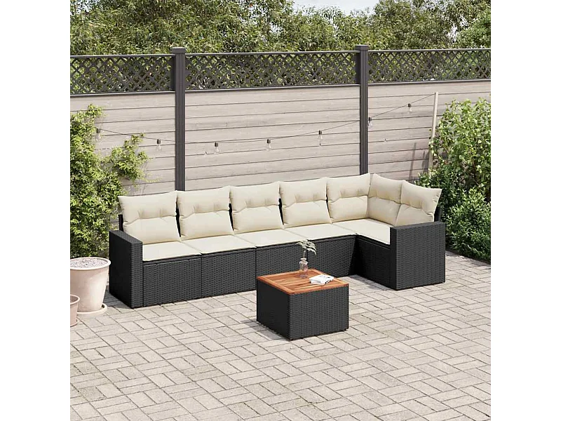 7-tlg. Garten-Sofagarnitur mit Kissen Schwarz Poly Rattan