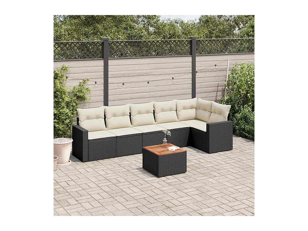 Set de comedor de jardín 7 pzas y cojines ratán sintético negro