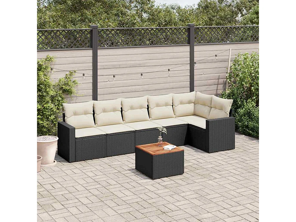 Salon de jardin 7 pcs avec coussins noir résine tressée