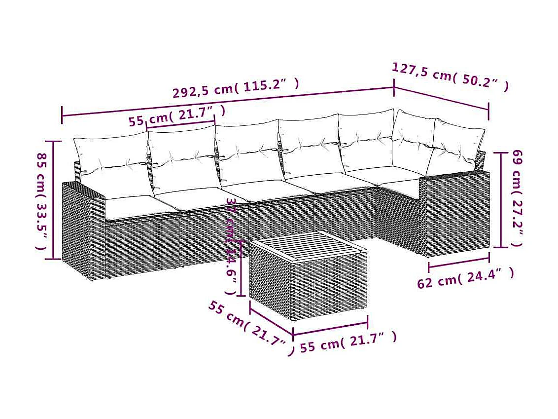 Salon de jardin 7 pcs avec coussins noir résine tressée