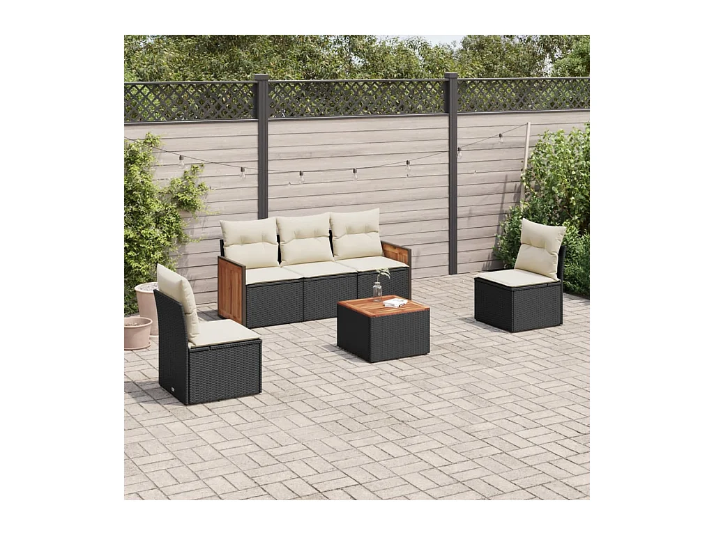 Salon de jardin 6 pcs avec coussins noir résine tressée