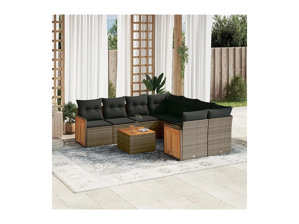 Salon de jardin 9 pcs avec coussins gris résine tressée