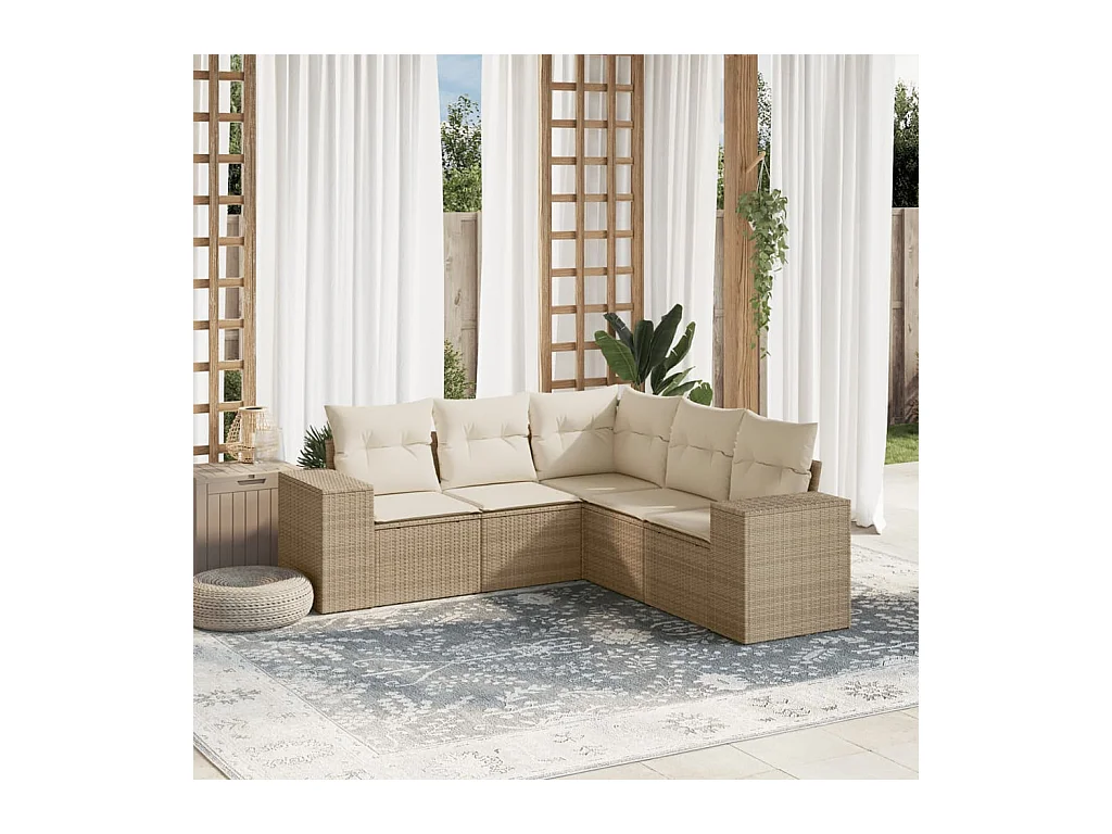 Set Divano da Giardino 5 pz con Cuscini Beige in Polyrattan