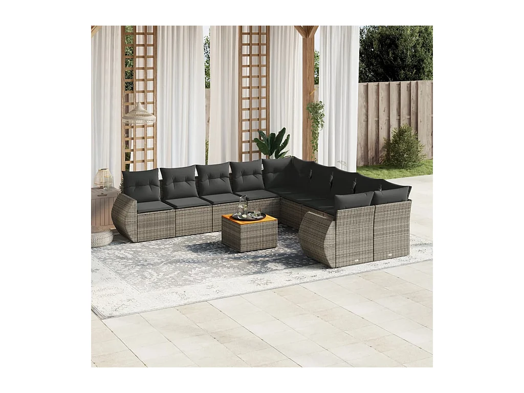Salon de jardin 11 pcs avec coussins gris résine tressée