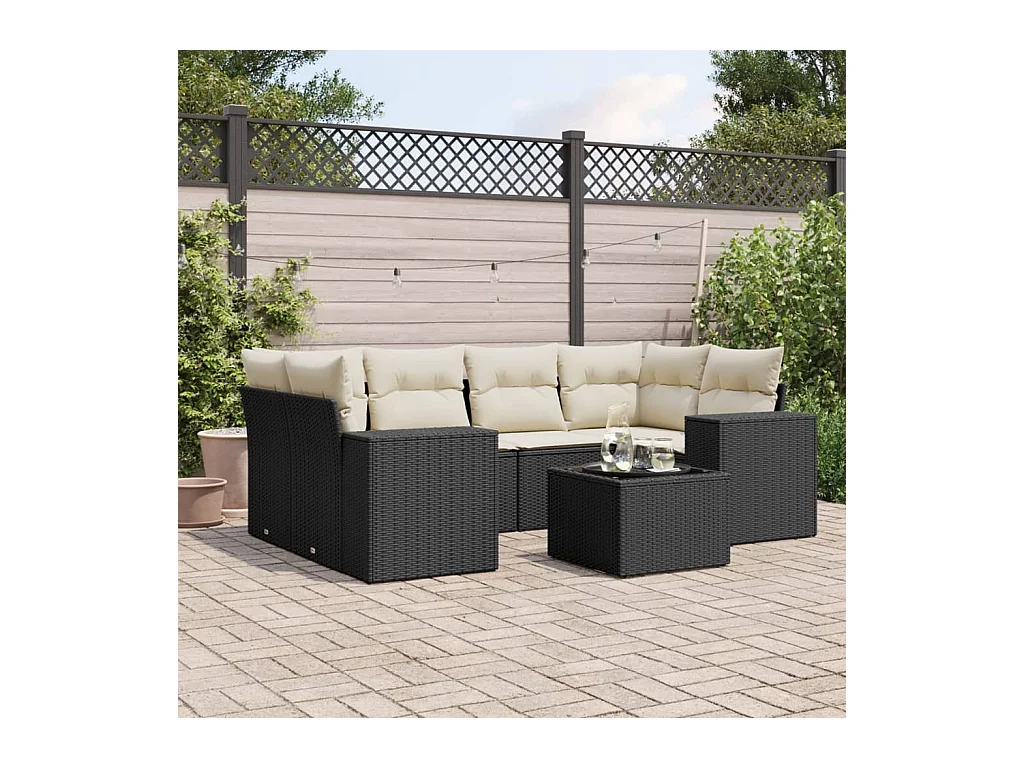 7-delige Loungeset met kussens poly rattan zwart