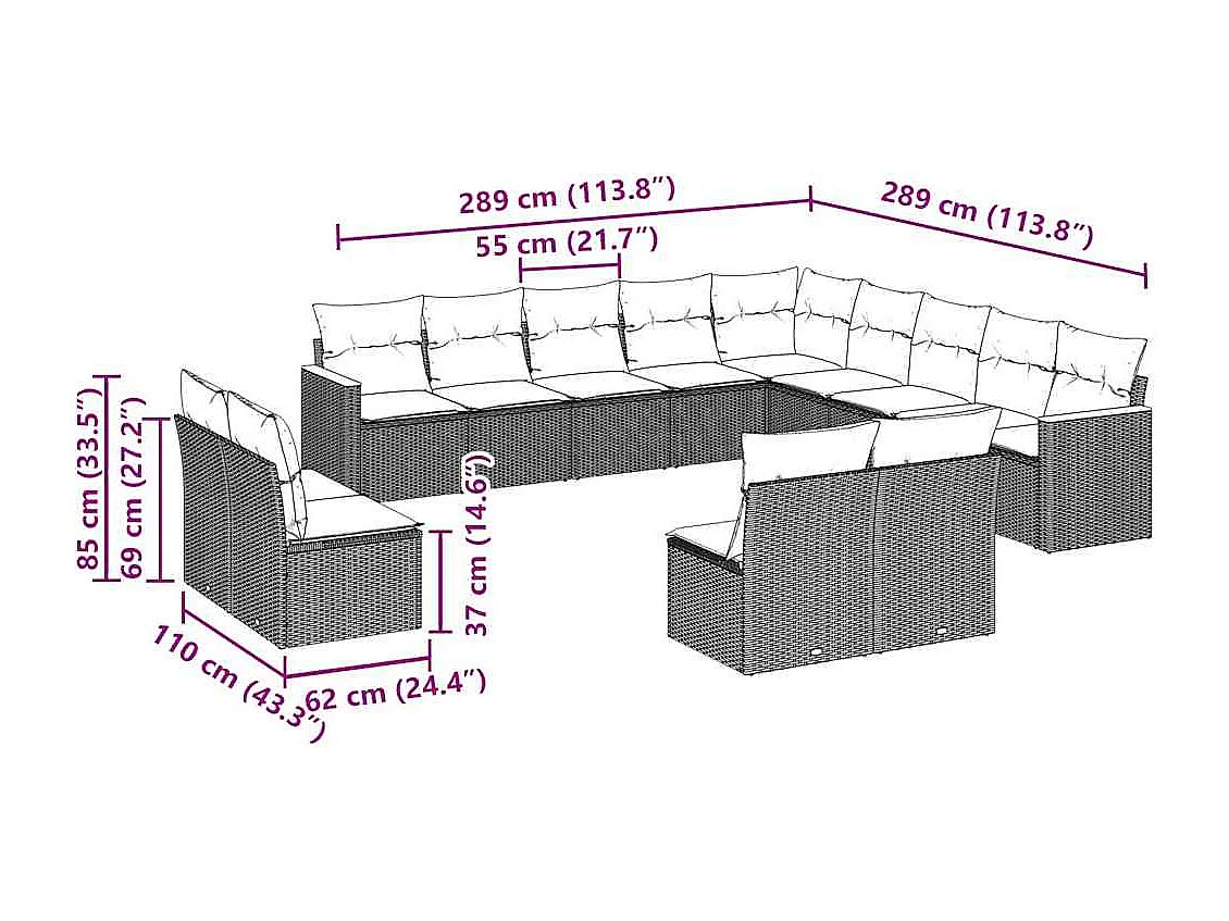 13-tlg. Garten-Sofagarnitur mit Kissen Schwarz Poly Rattan