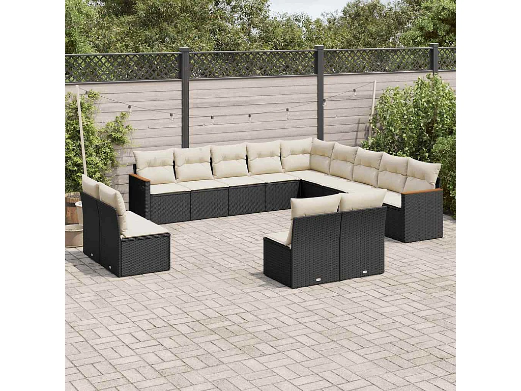 13-delige Loungeset met kussens poly rattan zwart