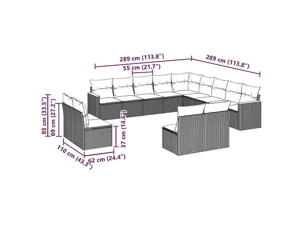 13-delige Loungeset met kussens poly rattan zwart