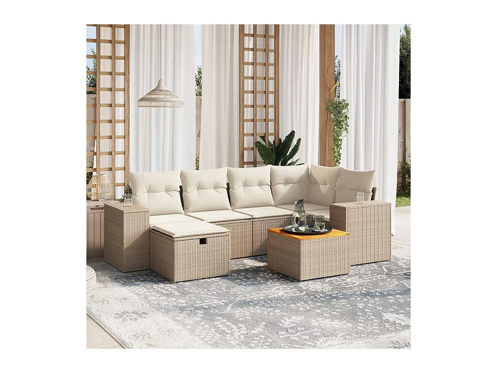 7-delige Loungeset met kussens poly rattan beige