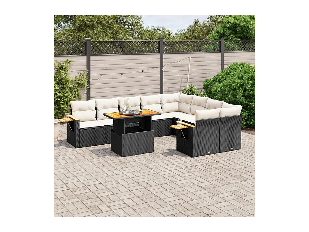 Salon de jardin 10 pcs avec coussins noir résine tressée