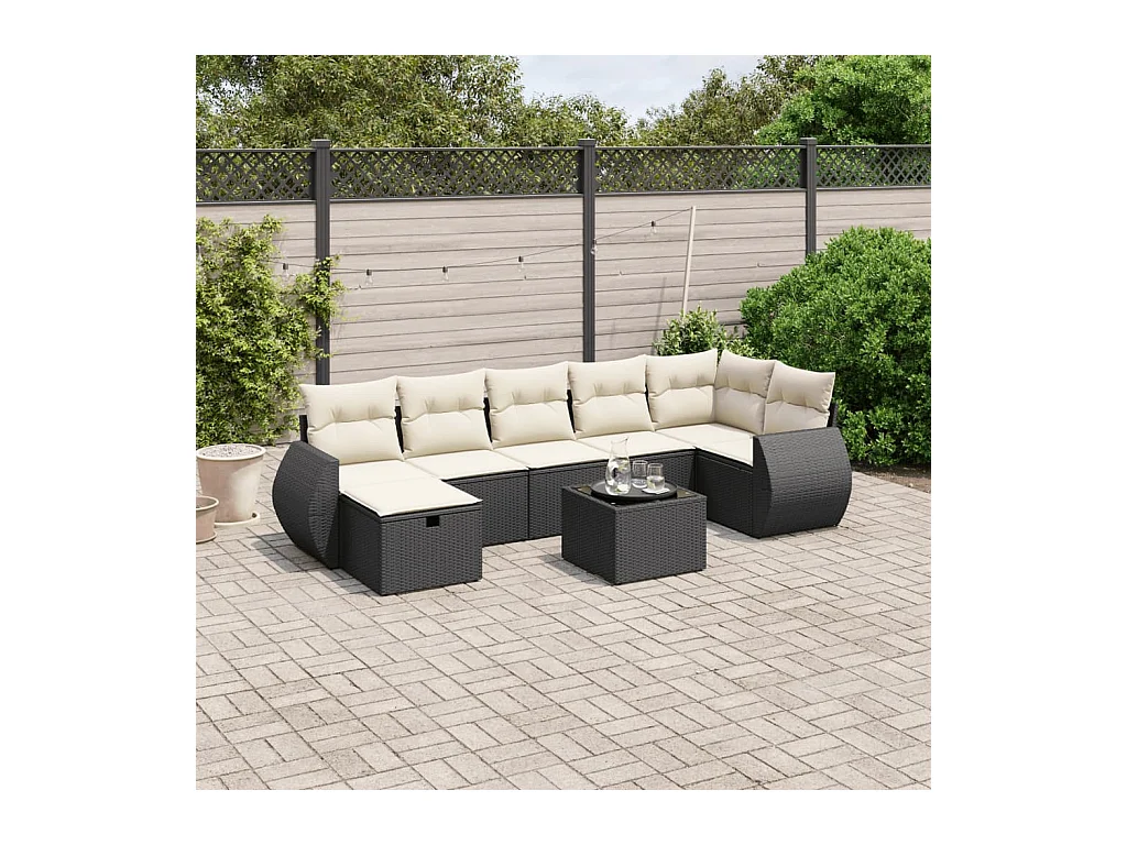 8-delige Loungeset met kussens poly rattan zwart