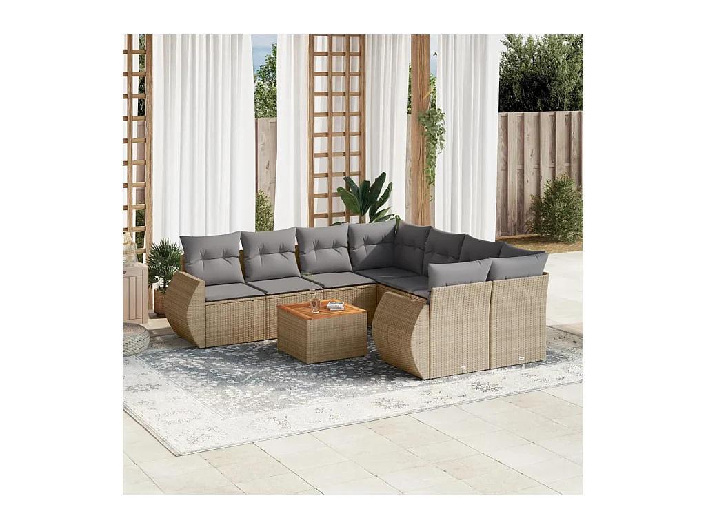 Salon de jardin avec coussins 9 pcs beige résine tressée