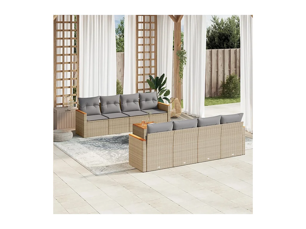 Set Divano da Giardino 9 pz con Cuscini Beige Misto Polyrattan