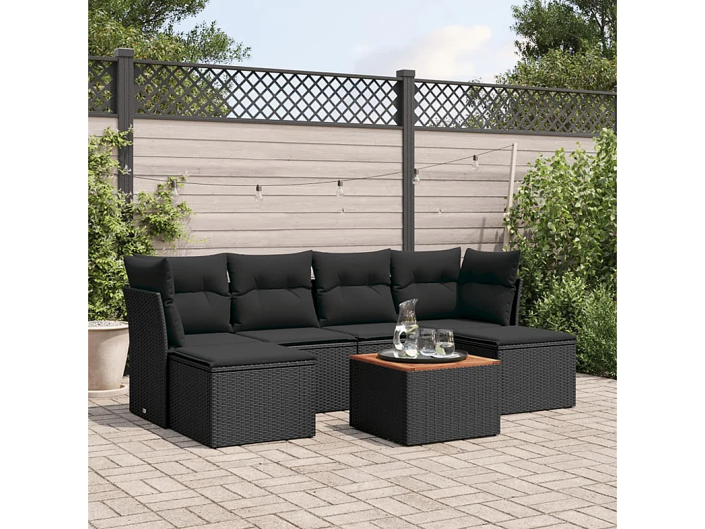 Salon de jardin 7 pcs avec coussins noir résine tressée