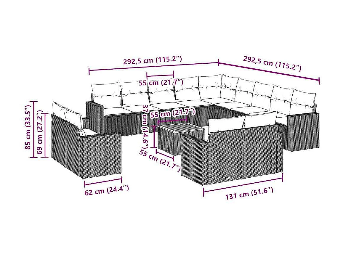 Set Divani da Giardino 14pz con Cuscini in Polyrattan Nero