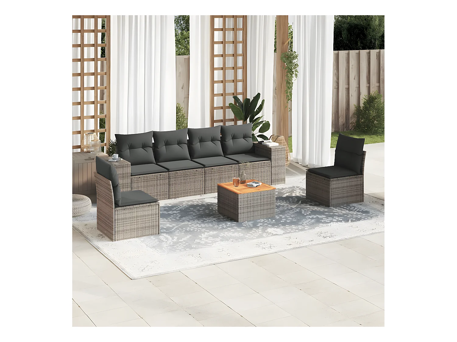 Salon de jardin avec coussins 7 pcs gris résine tressée