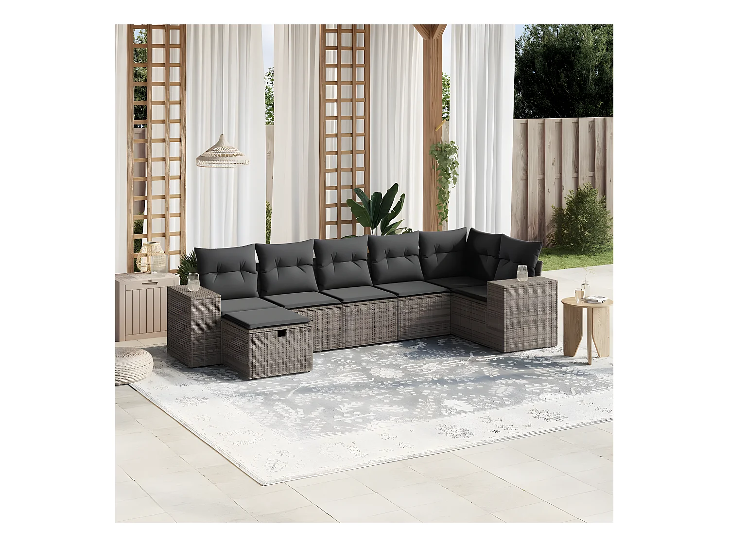 Salon de jardin avec coussins 7 pcs gris résine tressée