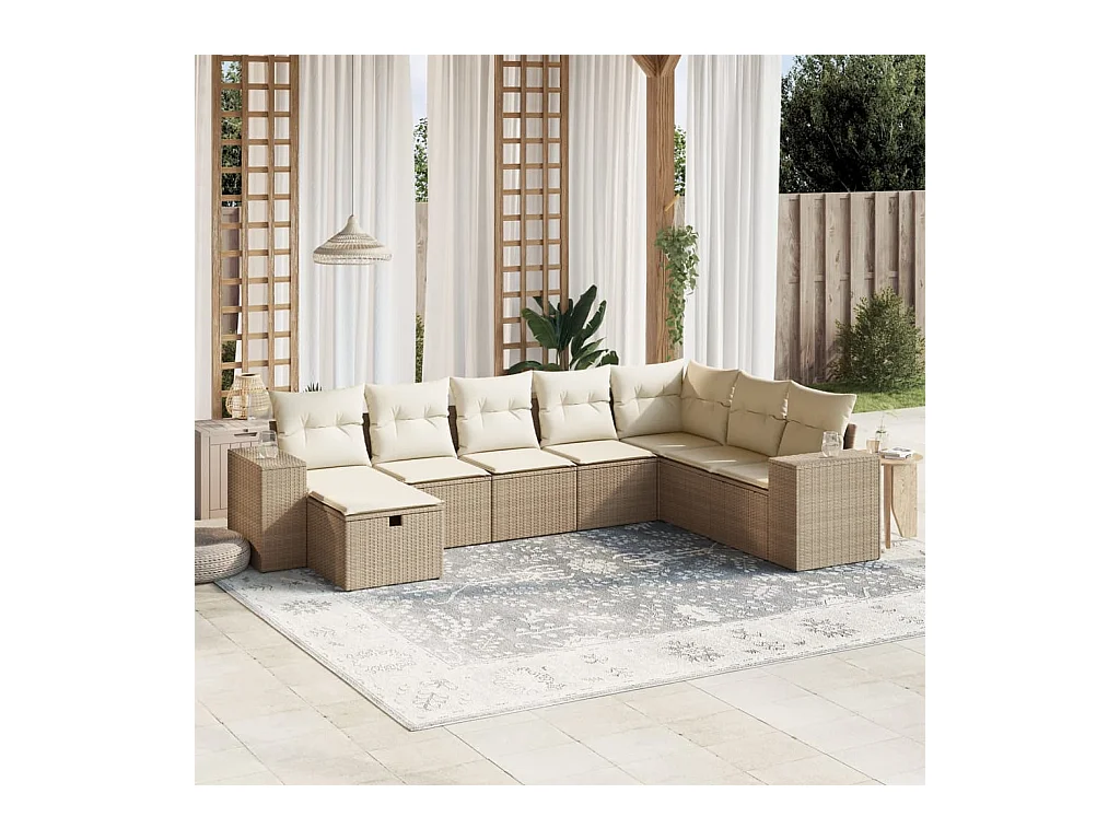 Salon de jardin avec coussins 8 pcs beige résine tressée