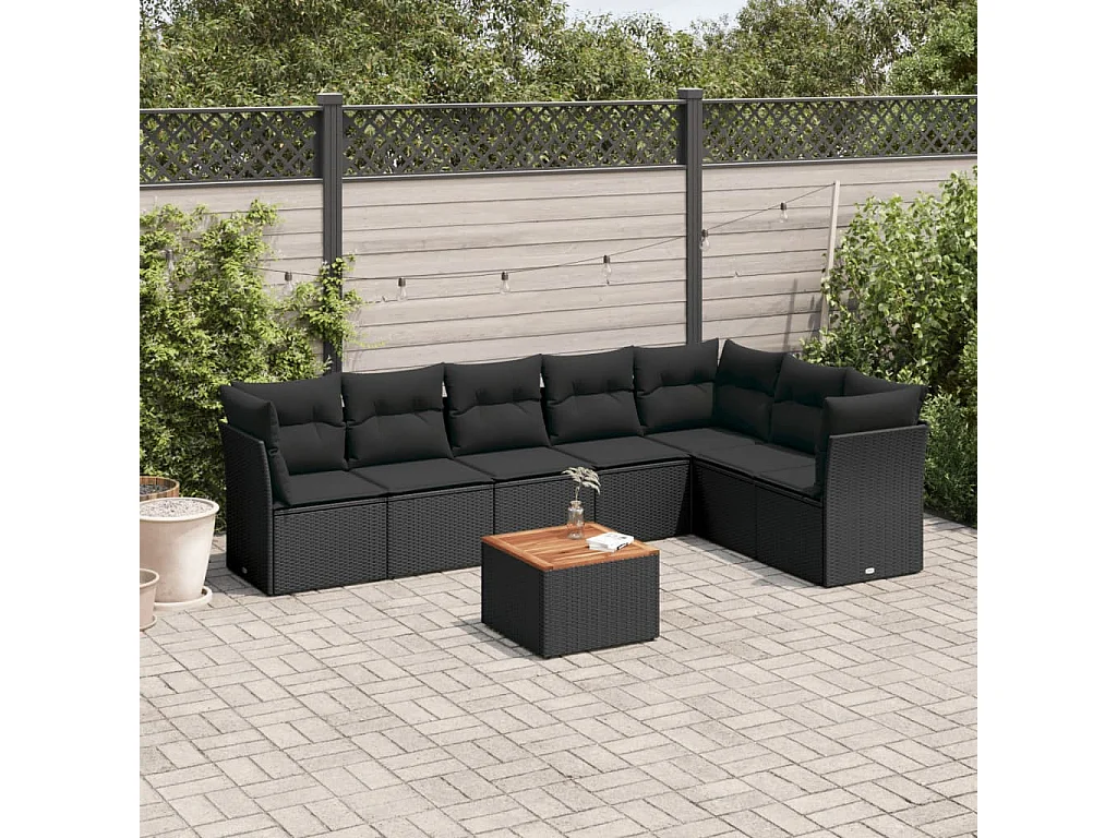 8-tlg. Garten-Sofagarnitur mit Kissen Schwarz Poly Rattan