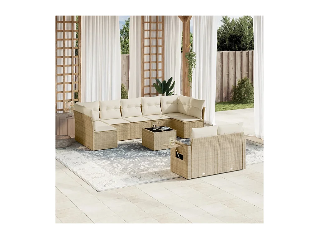 10-delige Loungeset met kussens poly rattan beige