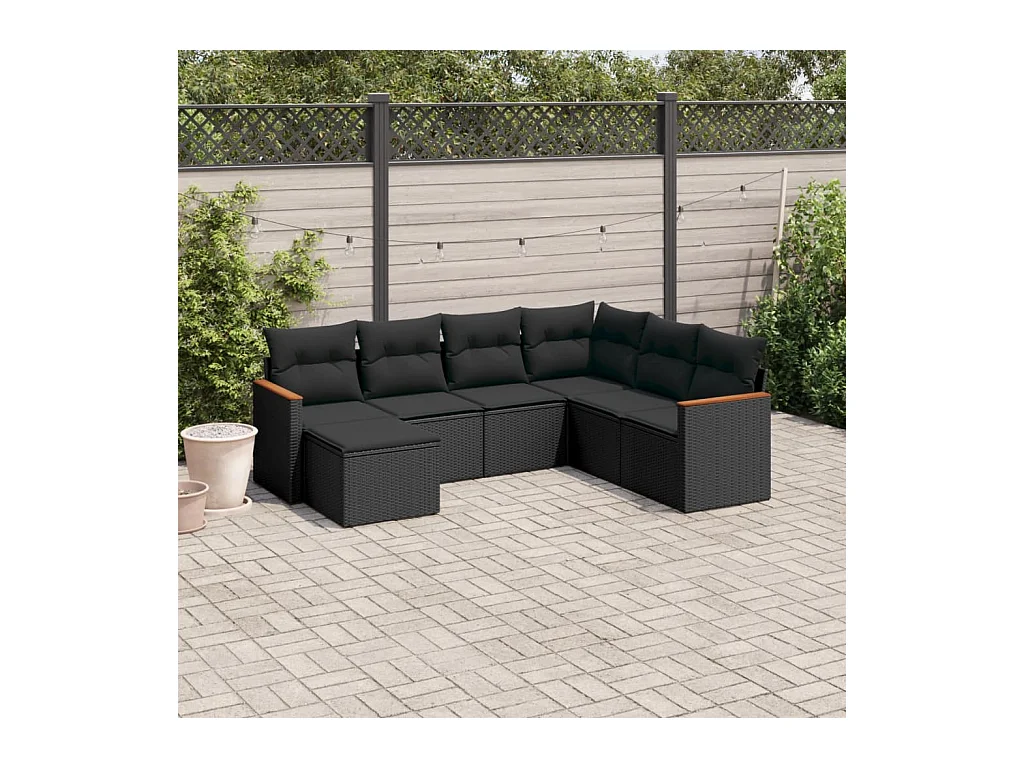 7-delige Loungeset met kussens poly rattan zwart