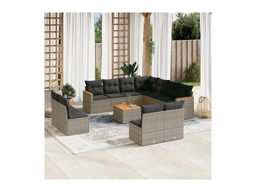 12-delige Loungeset met kussens poly rattan grijs