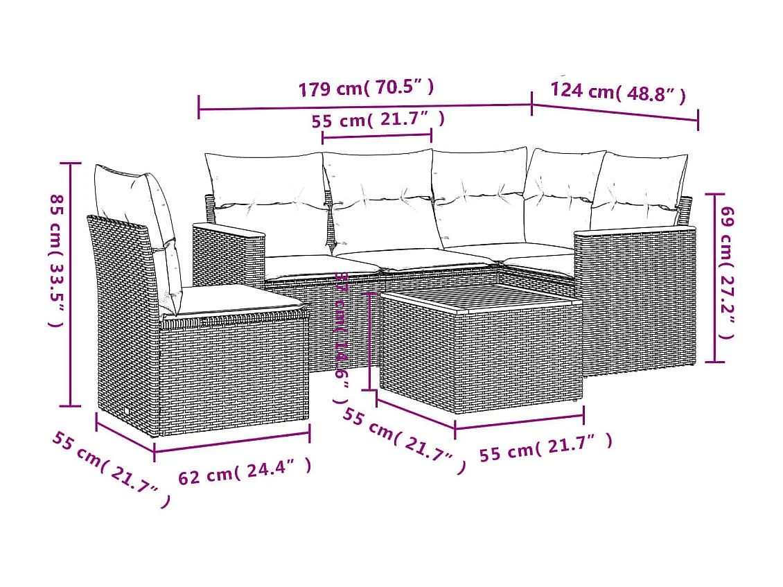 Set Divano da Giardino 6 pz con Cuscini Nero in Polyrattan