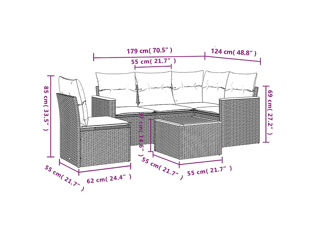 6-delige Loungeset met kussens poly rattan zwart