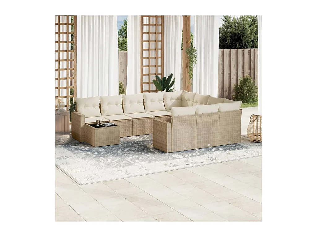 11-delige Tuinset met kussens poly rattan beige