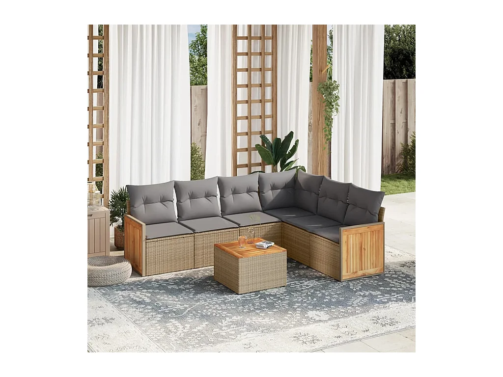 Set Divani da Giardino 7 pz con Cuscini Beige in Polyrattan