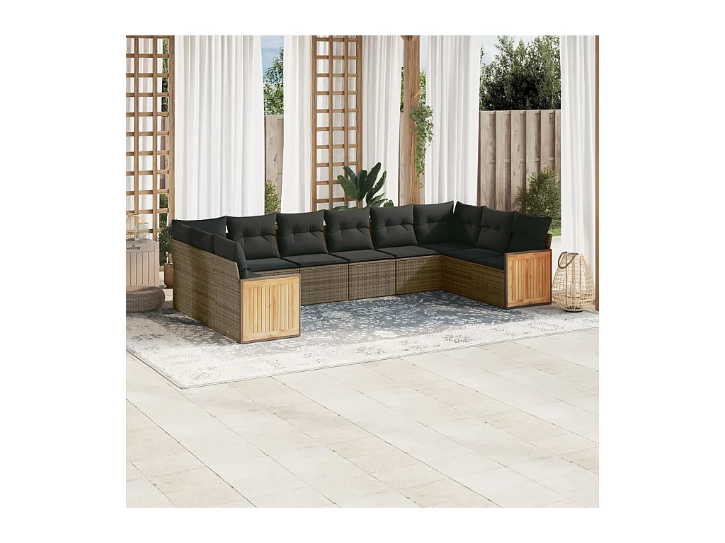 Set Divano da Giardino 10 pz con Cuscini Grigio in Polyrattan