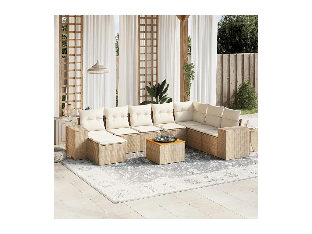 Salon de jardin avec coussins 9 pcs beige résine tressée