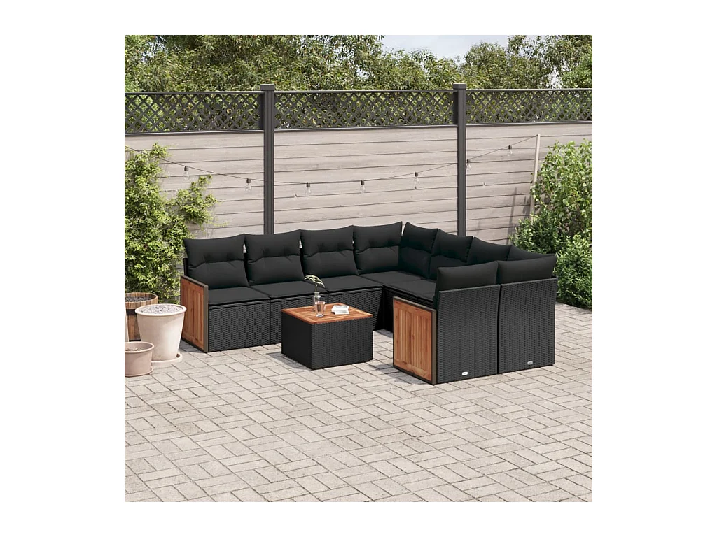 Salon de jardin 9 pcs avec coussins noir résine tressée