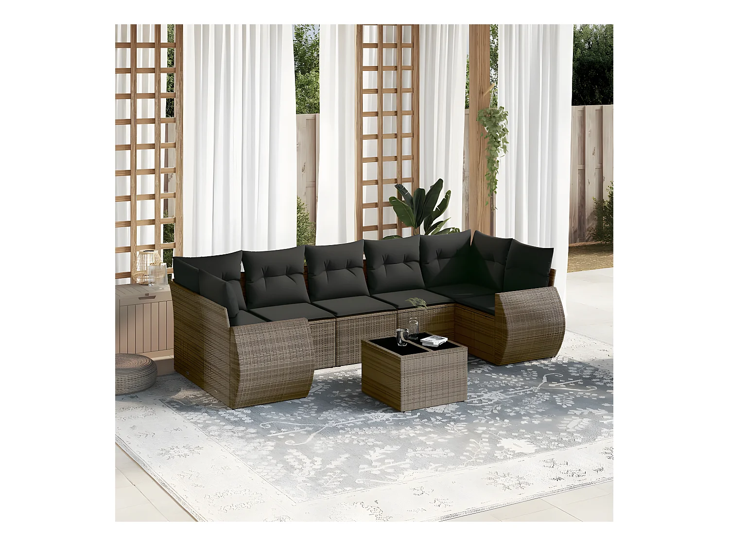 Salon de jardin 8 pcs avec coussins gris résine tressée