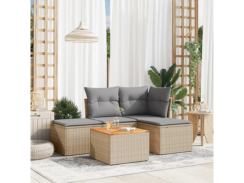 Set Divano da Giardino 5 pz con Cuscini Beige Misto Polyrattan