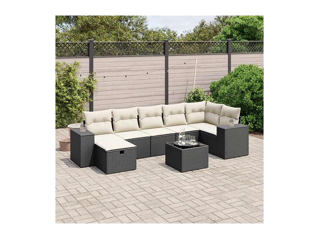 8-delige Loungeset met kussens poly rattan zwart
